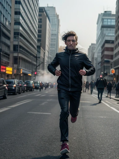 Terrified crowd, People with fear, well-groomed, running away on the street of a big city, tall buildings around, lots of smoke