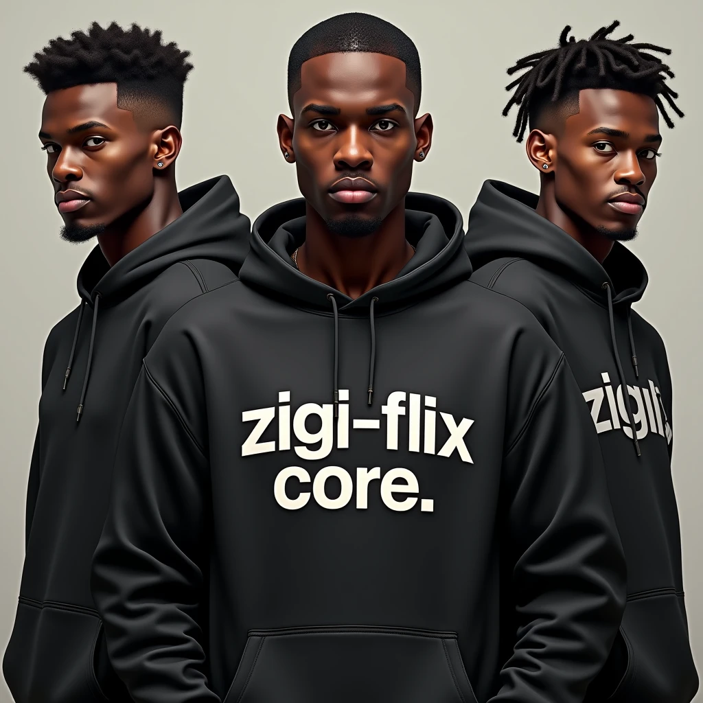 A powerful, realistic, high-quality and professional-looking 3 black young men, wearing a hoodie with the word "Zigi-flix Core" boldly printed on the hoodie.