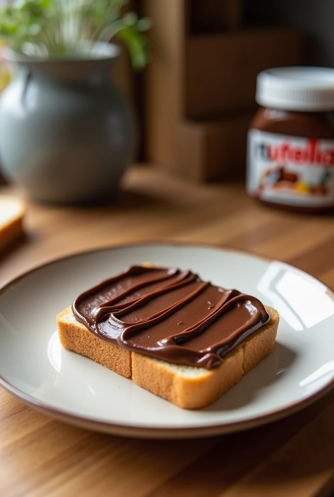 Nutella on bread on plate on kitchen