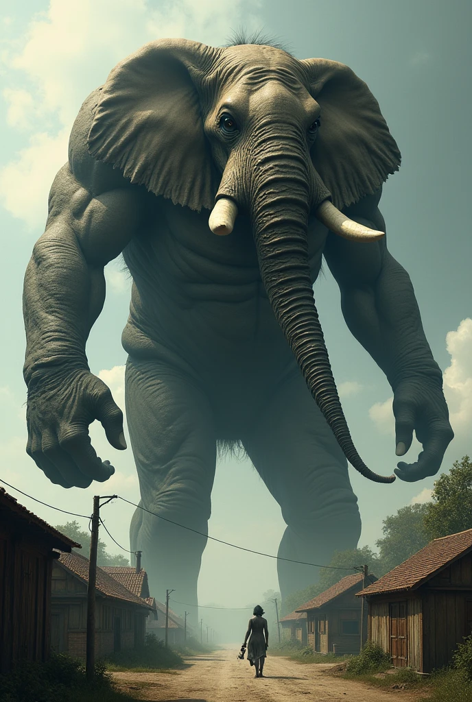 **Titan, the Giant Elephant:**
- A towering elephant with a human-like body looms menacingly over a small village. The elephant is enormous, with thick, wrinkled skin, tusks, and a muscular human torso. His eyes are filled with malice as he stretches out a massive hand, holding a kitten