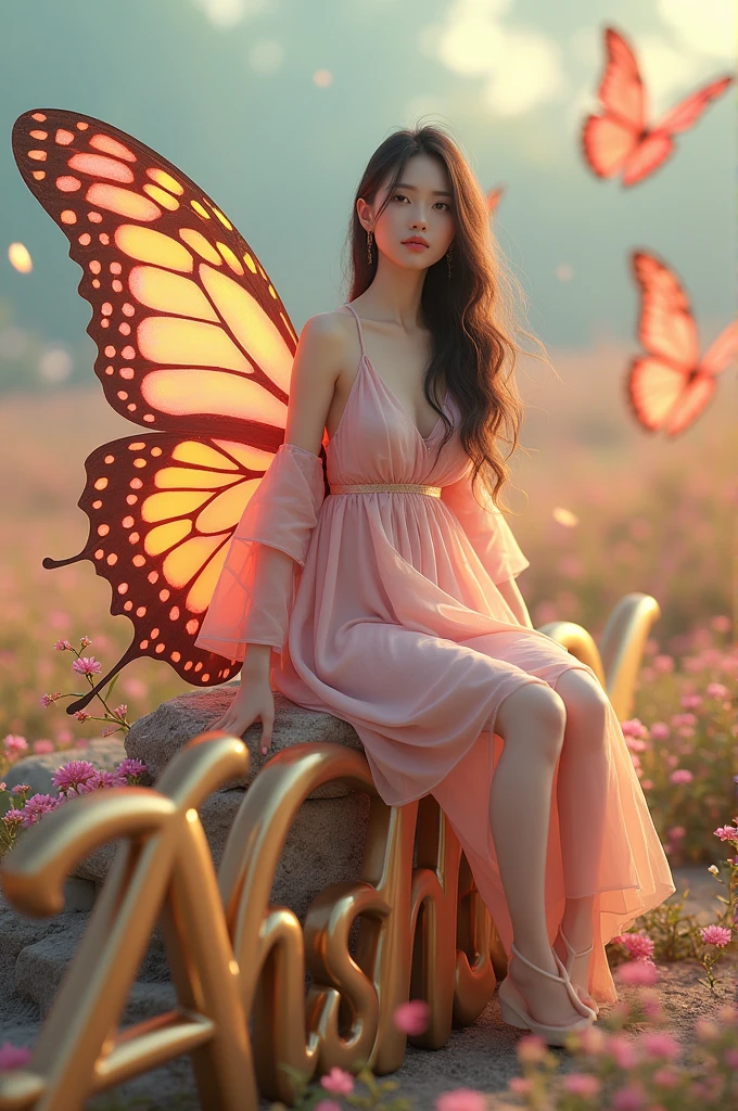 a real photo of asian beautiful  woman 35yo with a white cloth & beautiful long-hair in a pink dress sits on A beautiful large butterfly, blue, pink, yellow and orange, perches on a large, wide and artistic hello kitty. in front of the butterfly there is a 3d design letter "ASHLEY" with nice bold gold letters written clearly. morning dew drops, small flowers and falling leaves around it, very beautiful picture, 3d rendering, photography, very clear de