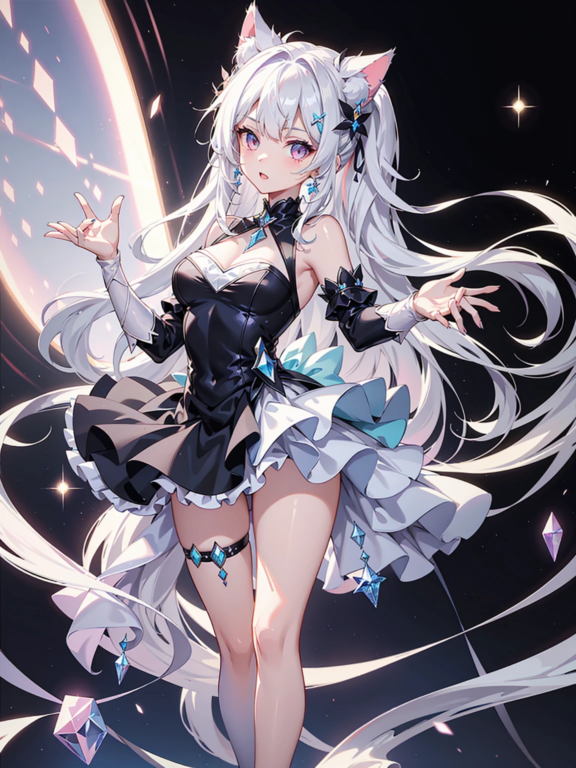 Cat-eared age girl,Cheerfulness,(Charmed:0.2),Highest quality,masterpiece,The ultimate solution,fluffy,colorful,Perfect body,White hair in a double ponytail,Jewel-like eyes,Black-based dress,(Beautiful costumes),Idol Costumes, White Stockings,Long legs,Muffin Shoes,embroidery,(Rainbow Bubbles:0.3),diamond,crystal,Broken diamond,(about:0.5),(Shine:0.3),Take to the stage