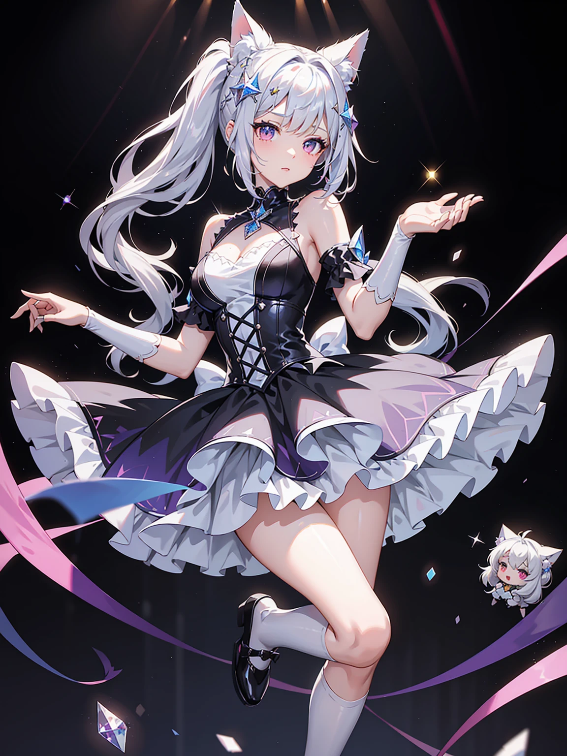 Cat-eared age girl,Cheerfulness,(Charmed:0.2),Highest quality,masterpiece,The ultimate solution,fluffy,colorful,Perfect body,White hair in a double ponytail,Jewel-like eyes,Black-based dress,(Beautiful costumes),Idol Costumes, White Stockings,Long legs,Muffin Shoes,embroidery,(Rainbow Bubbles:0.3),diamond,crystal,Broken diamond,(about:0.5),(Shine:0.3),Take to the stage