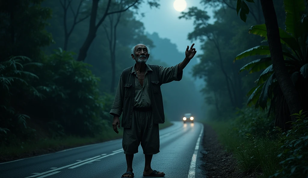 Old man on the road asking for lift at night in jungle side