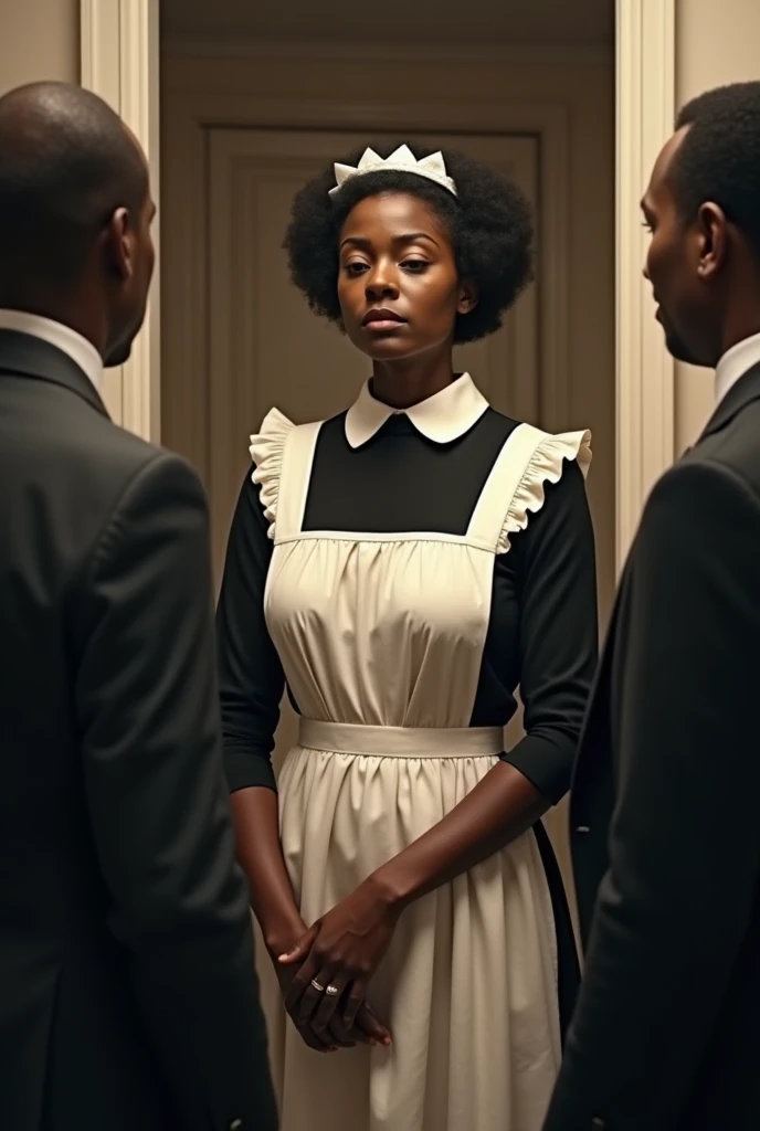 an African-American person in a maid outfit being discriminated against by many white people