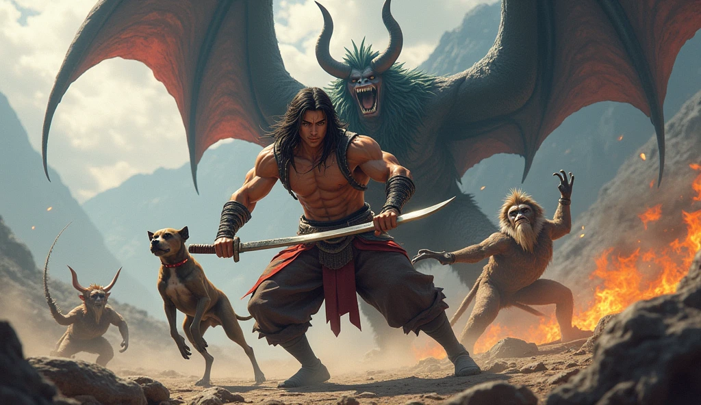 (best quality, masterpiece, ultra detailed, ultra high res, photorealistic, raw photo, absurdres, absolutely resolution), His name is Momotaro、A young, muscular, handsome samurai、dog、monkey、Together, the pheasants will fight against giant demons with rock rhythms.