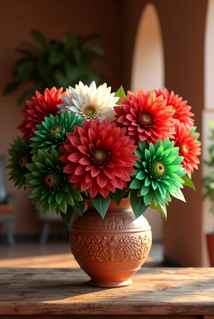 (photorealism:1.2), set of dahlia flowers with the colors of the Mexican flag in a clay vase on a table in a Mexican house