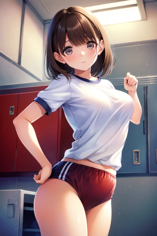 asakura_yume,Brown Hair,Medium Chest,Aqua Eye,White skin,(((locker room))),((Are standing)),((Bust up shot)),(((((Changing into gym clothes))))),((valley)),No bra,((topless)),Nipples,smile,Open your mouth,