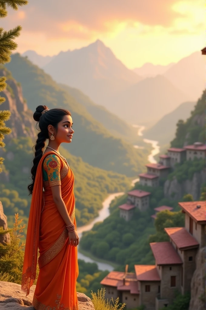 In cenamatic 3d cartoon style "Muskan, a young woman with traditional Indian attire, standing on a hilltop in a picturesque mountain village. The early morning sun casts a golden glow, highlighting her serene smile as she gazes over the valley."
