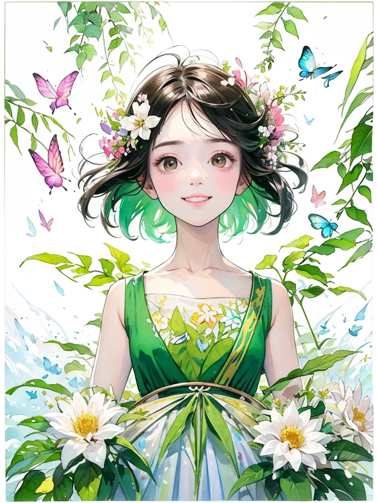 (masterpiece、Highest quality、Highest quality、Beautiful and beautiful:1.2)、Excellent anatomy、(Watercolor painting 1.5)、Composition looking up from a low position、Long Shot、Straight short hair picture、Beautiful smile、Butterfly fairy costume、Pure white、Pure、charm、Looking into the camera、Colorful flowers,Flowers and leaves green wind、Botanical Art