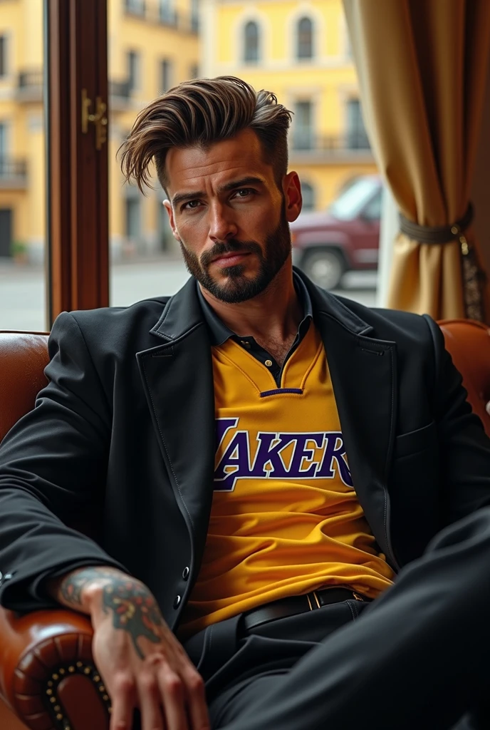 (photorealism:1.2), beautiful man, sitting on chair, wearing lakers jersey, black jacket, hairstyle like David Beckham in 2016, arms without tattoo, outdoors, soft lighting, street of Tbilisi background, window with sunlight, cozy room, relaxed pose, realistic, intricate details, warm colors, by Greg Rutkowski, by Alphonse Mucha.