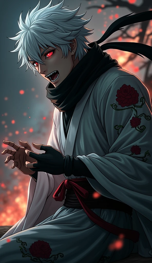 (masterpiece:1.3),(Highest quality:1.4),(Very detailedな:1.5),High resolution,Very detailed,8K,(1 male,sukuna ryoumen,Kakashi hatale,White Hair),(The costume is a white kimono、Black scarf)Laugh fearlessly、Saringan eyes、(The background is an image of a fiery hell)
