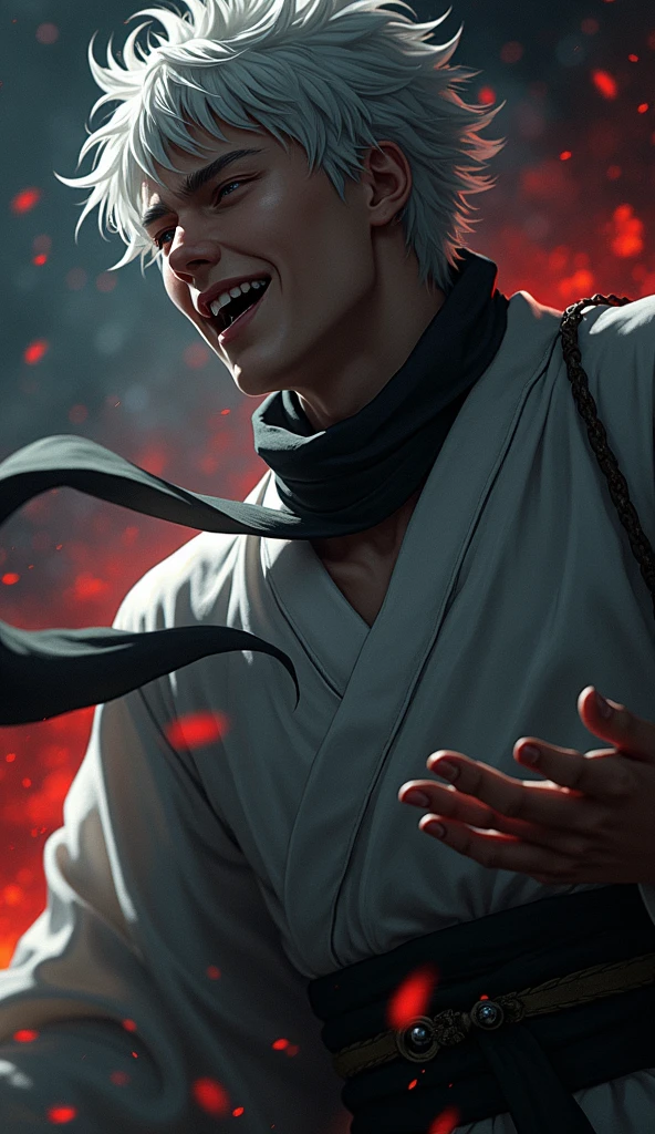 (masterpiece:1.3),(Highest quality:1.4),(Very detailedな:1.5),High resolution,Very detailed,8K,(1 male,sukuna ryoumen,Kakashi hatale,White Hair),(The costume is a white kimono、Black scarf)Laugh fearlessly、Saringan eyes、(The background is an image of a fiery hell)