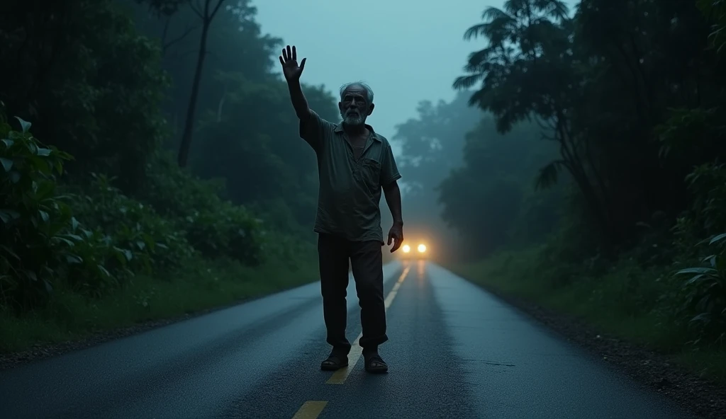 Old man on the road asking for lift at night in jungle side