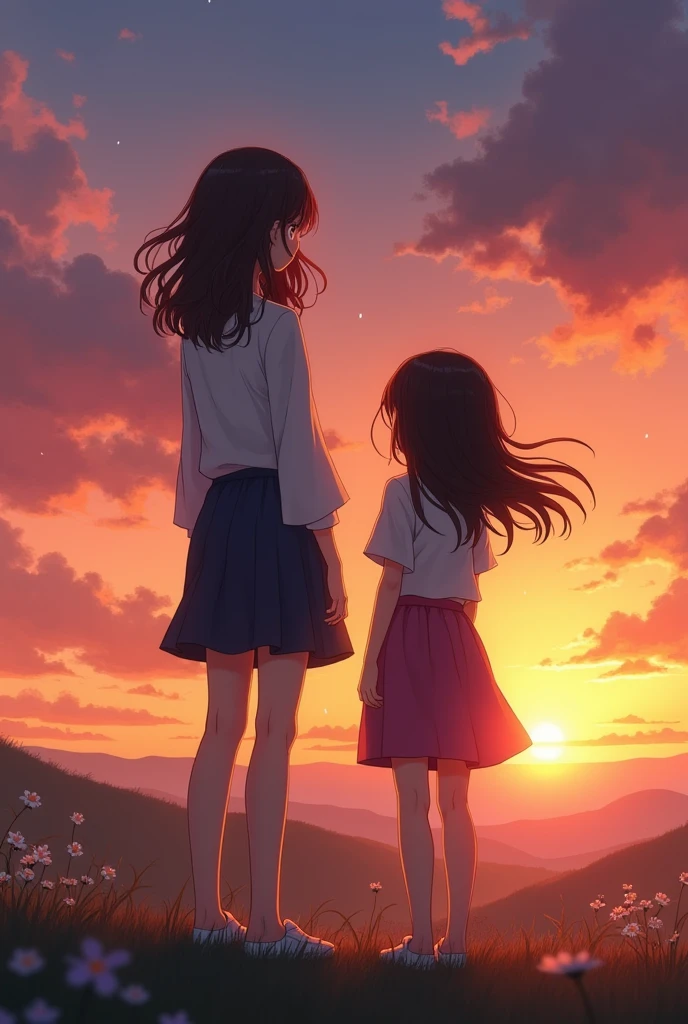 Create an image of two girls watching the sunset, One with short brown hair and the other with long black hair being a few centimeters taller than her friend