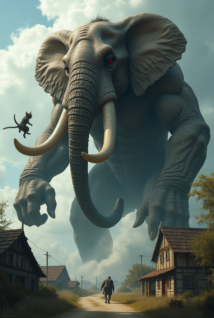 **Titan, the Giant Elephant:**
   - A towering elephant with a human-like body looms menacingly over a small village. The elephant is enormous, with thick, wrinkled skin, tusks, and a muscular human torso. His eyes are filled with malice as he stretches out a massive hand, holding a kitten