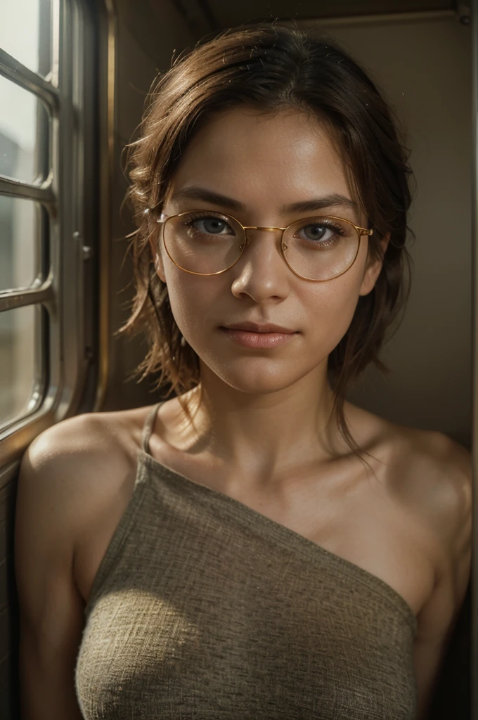 (Best Quality, ultra detailed, golden ratio, masterpiece:1.2), theatrical lighting:0.7, Photo of a woman, naked , perfect weird face, (very detailed skin), randomly dyed hair, Hide your mouth with your hands.、Ridiculous, skin texture, Pale skin, shiny skin, (delgado, large size:1.2), [:(Sharp focus on strange face, Perfect eyes:1.2):0.2], photorealistic, film grain, put one foot forward、from below looking up、Look at camera、Highlight the shoulders, Focus on face、socks、Glasses、Smile with the corners of your mouth raised.、disdainful expression, summer haze, Muted colors, warm, muted colors, Photo cinematographic portrait of a woman dressed in a striped dress sitting by the window in the early morning, cinematographic, (Tilted:1.3) (on an old train) look cautious, standing under a spotlight, volumetric dust clouds, light key, Backlight, soft natural lighting, photography Film grain ISO 400 30mm RAW f1 lens.8 opening, Very detailed (Analogic photograph:1), Colores HDR