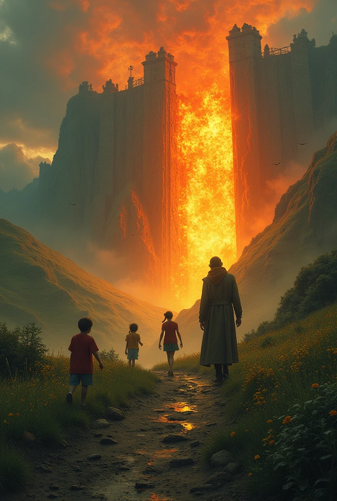 A landscape. Kids are playing very close to the firey gates of hell while a father is standing in the distant, watching from afar