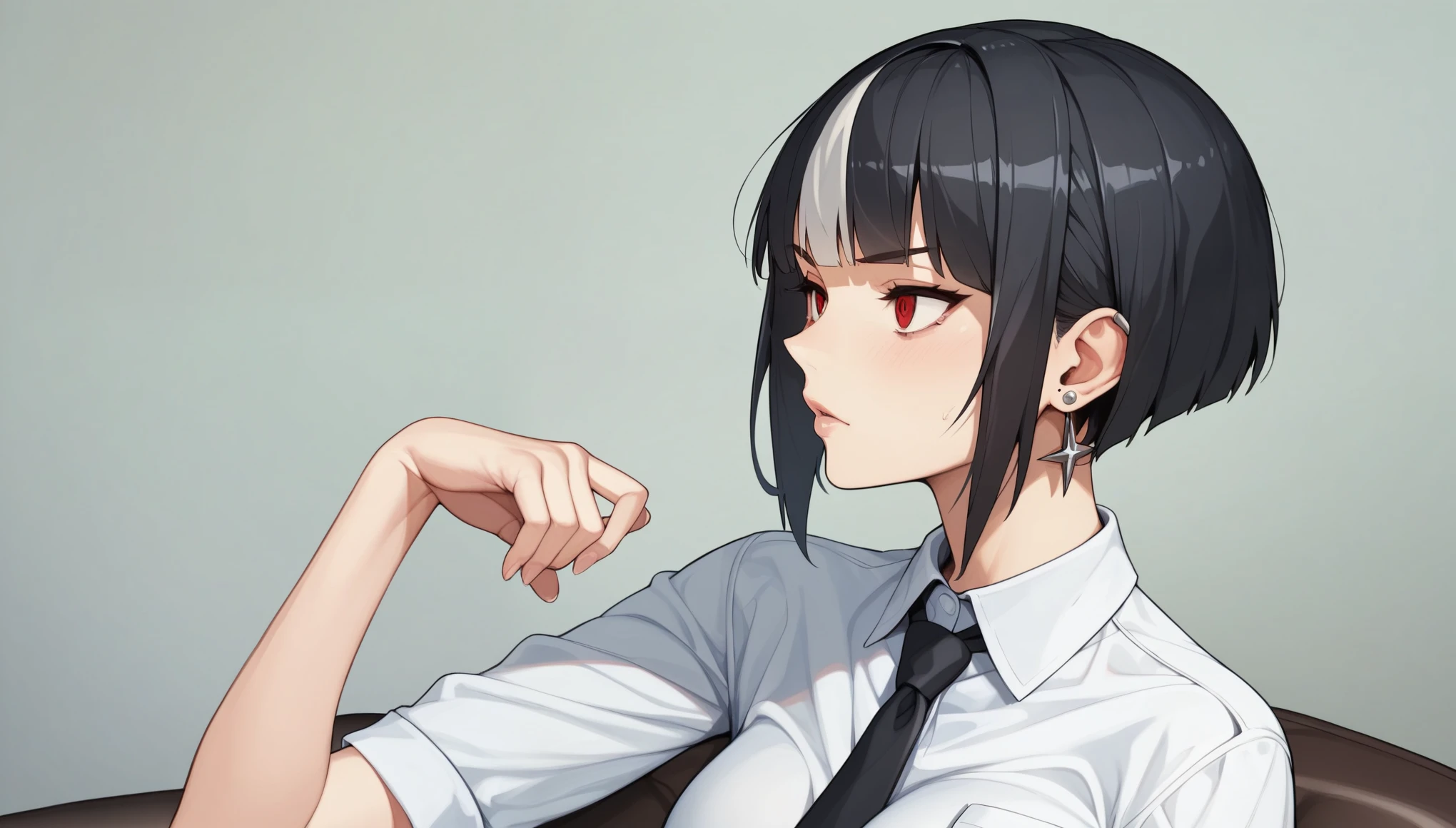 cyber punk、1girl、black hair, ((highlights hair, silver streaked hair))、blunt bangs、White shirt、Black tie、Pleated skirt、Red Eyes、Korean、Downtown at night、Slam Dunk、Straight Hair、Bobcut、Earrings
