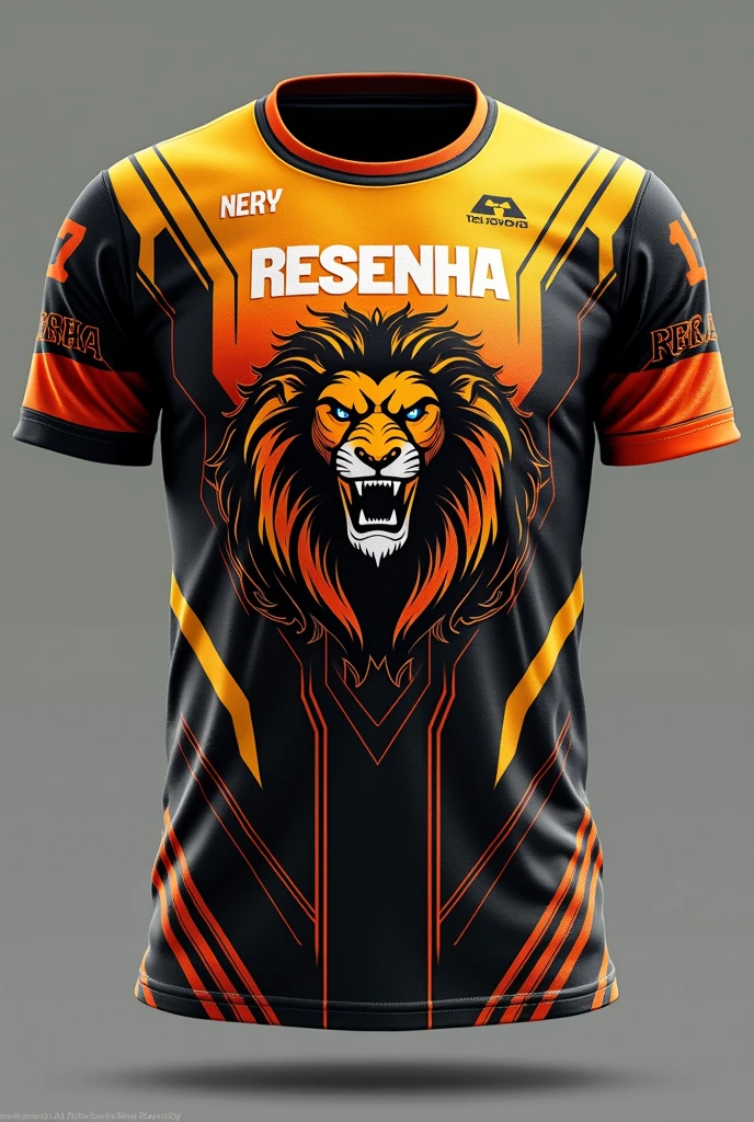 Let's create a volleyball team shirt.
Team Name Review.
Team mascot a Lion Player name Nery Player number 14 Team name Resenha and mascot are printed on the shirt on the front, on the back are the player's name and number.
Bring a futuristic style to the shirt in orange colors, yellow and black showing all sides of the shirt.
Bring perspectives from the front and back.
I need to see the shirts in full.
Don't use templates, people etc., only the shirts.
Shirt design only showing front and back.