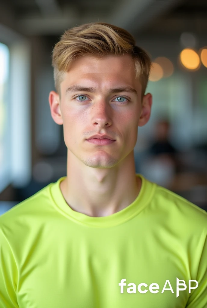 A close-up portrait photograph of a young man with light skin and short, neatly styled blonde hair. He is wearing a lime green sports shirt with a round neckline and subtle texture. The man is looking directly at the camera with a neutral, serious expression. The lighting is soft, even, and natural, illuminating his face and upper body without harsh shadows, highlighting his clear blue eyes and facial features. The background is blurred, showing an indoor setting that appears to be an office or workspace with indistinct shapes and light sources, including vertical windows or light fixtures. The image is taken from a front angle, slightly to the left of the subject, focusing on his head and upper torso. In the bottom right corner of the image, there is a white text overlay with the word 'FaceApp' in a modern, clean sans-serif font. The overall mood of the photograph is neutral and professional, with a balanced color palette dominated by shades of lime green, beige, and gray, creating a clean and focused composition.