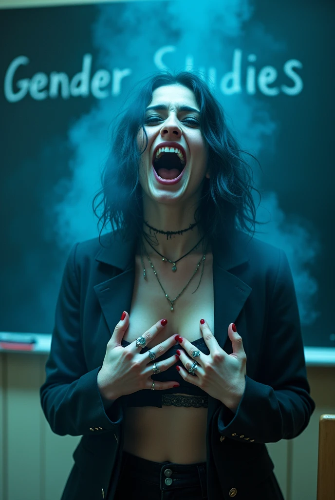 A sexy emo girl screaming in front of a classroom. A blackboard behind her says "Gender Studies" written in chalk. Holding her tits in her hands.  She os surrounded a blue magical aura