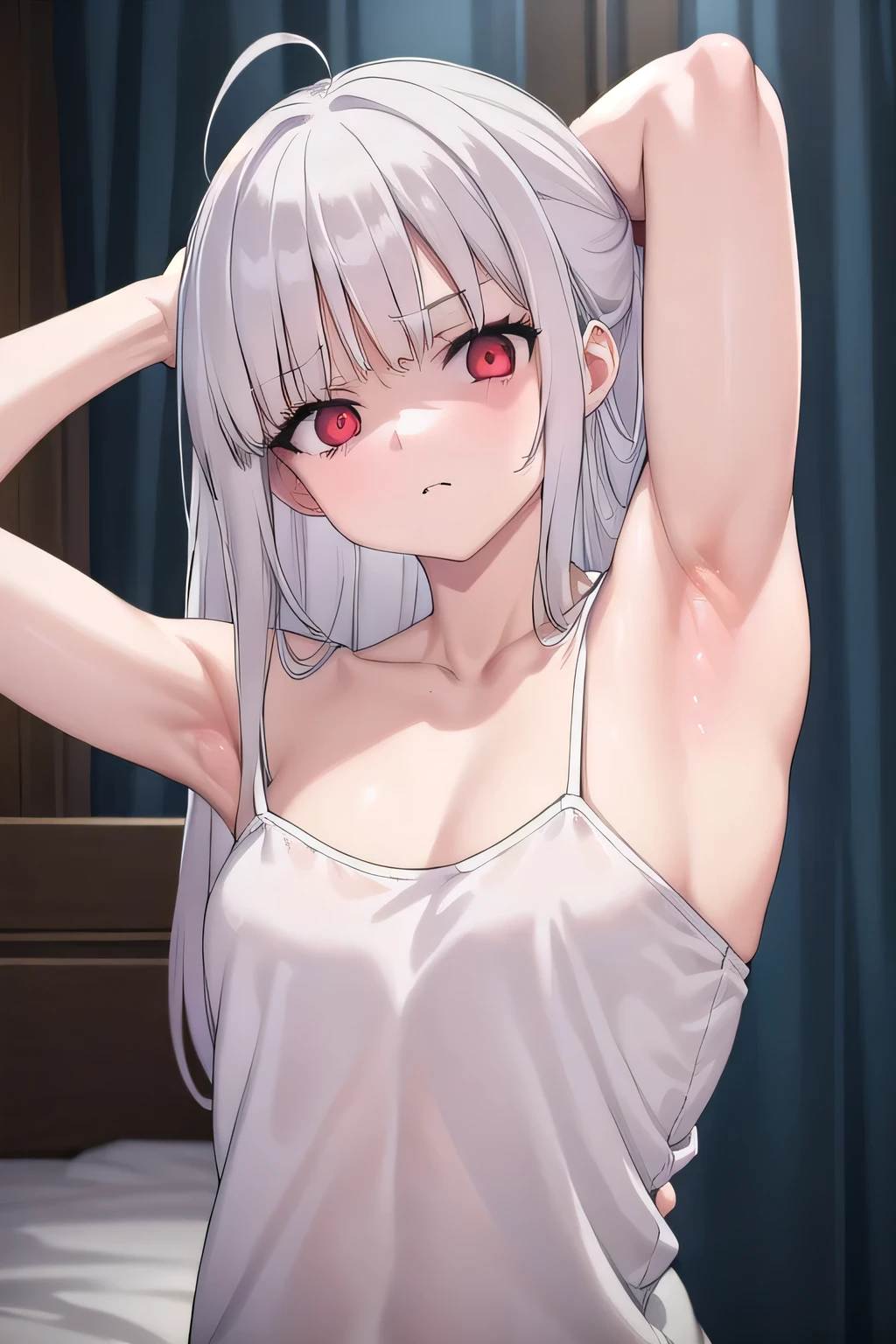 masterpiece, best quality, ultra-high-detailed, disgusted face, white hair, red eyes, sigtuna julie , small breast, arm behind head, left arm, fit body, unpleasure, disdaining , furious , arms up, one armpit , spread armpit , face to face, focus to face, Selfie, upper shoulder shot, arms front, teasing, near camera , cynical look eyes, near shot, shoulder shot, armpit to viewer , Shoulder shot, camisole, tanktop, in bed