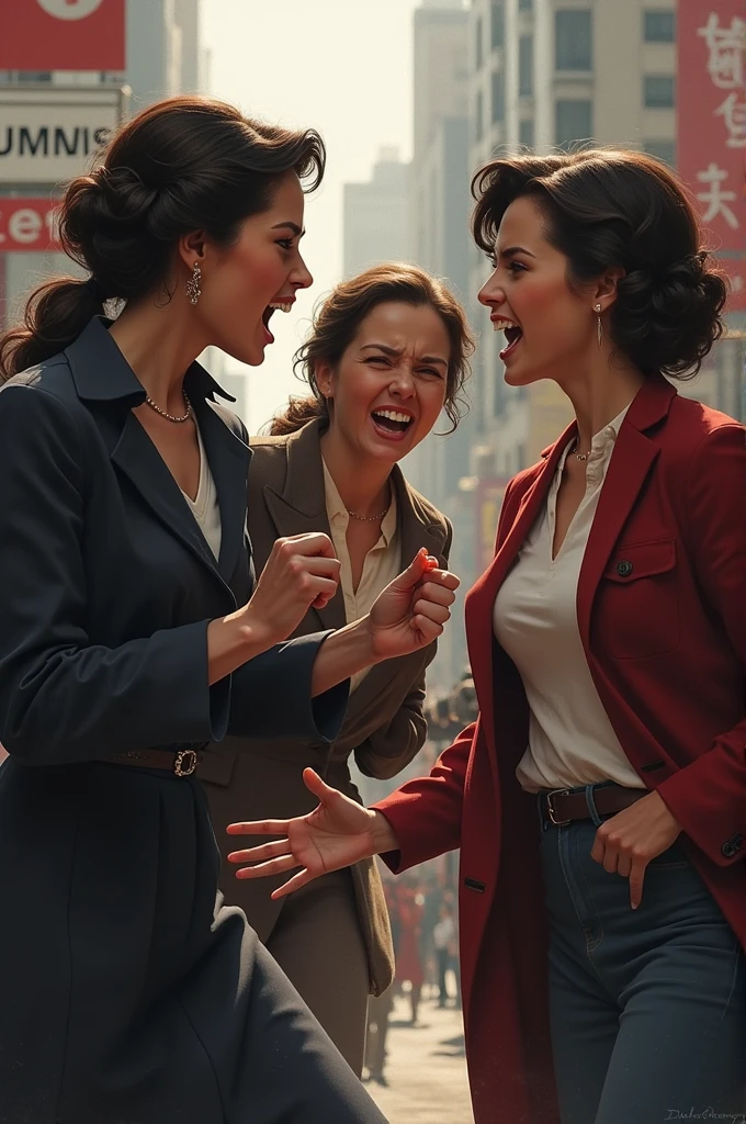 Two ladies shouting at another lady