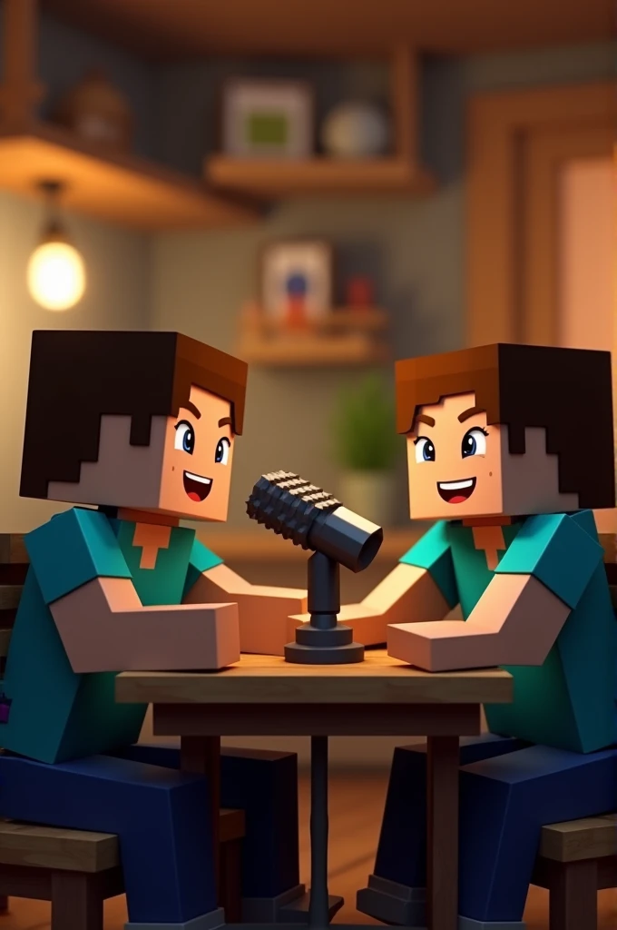 

**Prompt:** "A Minecraft-themed thumbnail showing two Minecraft characters sitting across from each other, recording a podcast. One character is speaking into a microphone, while the other is listening attentively. The background should be in a Minecraft setting, resembling a cozy wooden room or a studio with Minecraft-style furniture and blocks. Include subtle lighting effects to create a relaxed podcast atmosphere. The characters should look casual, with one of them smiling. The overall theme should stay consistent with the Minecraft world, using blocky textures and colors."