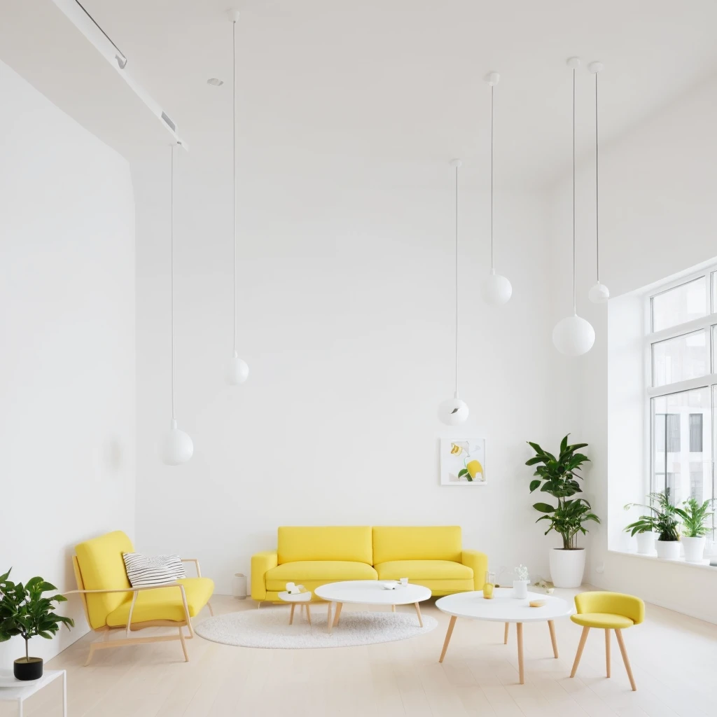 A modern living room interior with a minimalist design. The room features a yellow couch sofa with one white pillows, positioned against a white brick wall. Next to the sofa, there are small round wooden tables with decorative items, including a small potted plant and a cup. On the right side, there's another small round table with a green potted plant. The flooring is light wood, and there are hanging white pendant lights from the ceiling. The room has a bright and airy feel, with a focus on simplicity and elegance.