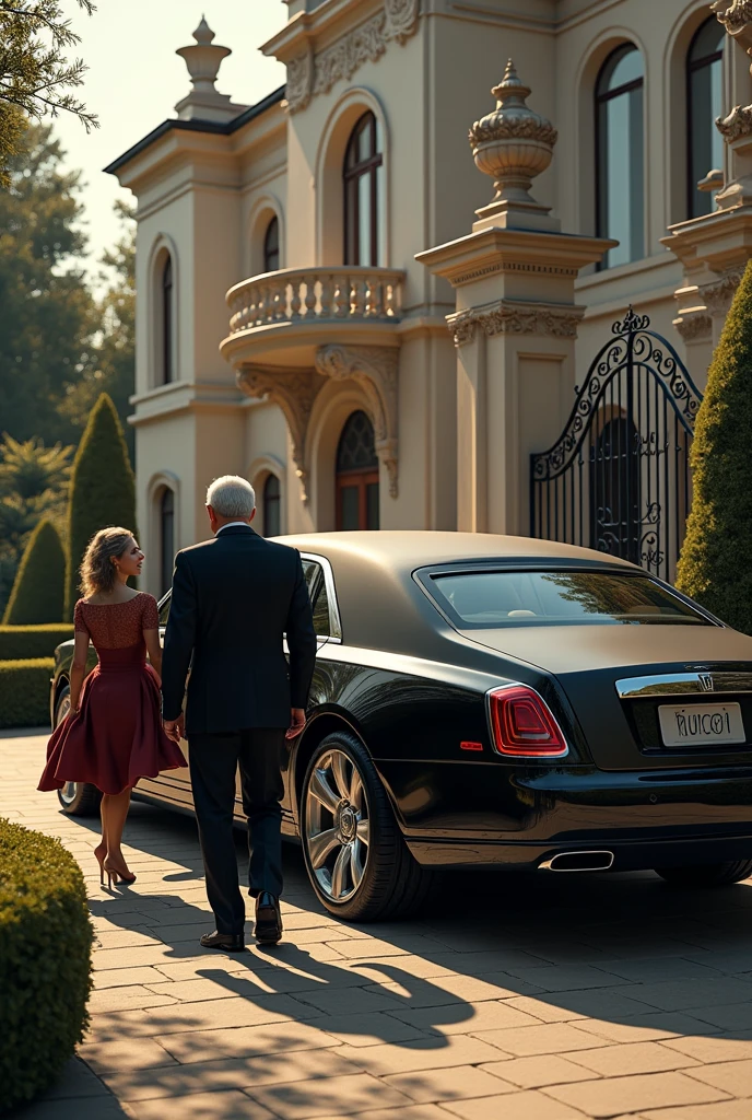 Create an old money theme scene where a rich man and his wife are getting out of their rolls Royce in front of their European style mansion.