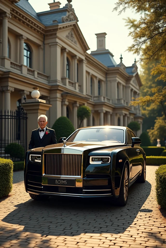 Create an old money theme scene where a rich man and his wife are getting out of their rolls Royce in front of their European style mansion.