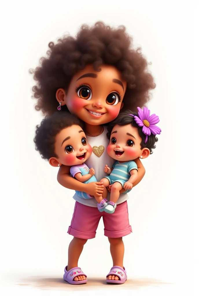 Draw a two year old girl. The girl has curly hair and has brown skin with dimple on the right side of her cheek. She is wearing a white t shirt with a sequin heart. And is wearing a pink short . She is also wearing a ruby necklace. Draw it in a blank white background. She is wearing butterfly crocs. Draw the girl holding a 2 month baby boy with curly hair. The baby is wearing a blue and white striped onesie. She is also holding 3 month baby girl . The baby girl has wavy hair and is fair skinned. The baby girl is wearing pastel purple romper with a big purple flower band on her head. The baby girl has black hair. The baby boy and the two year old girl also has black hair
