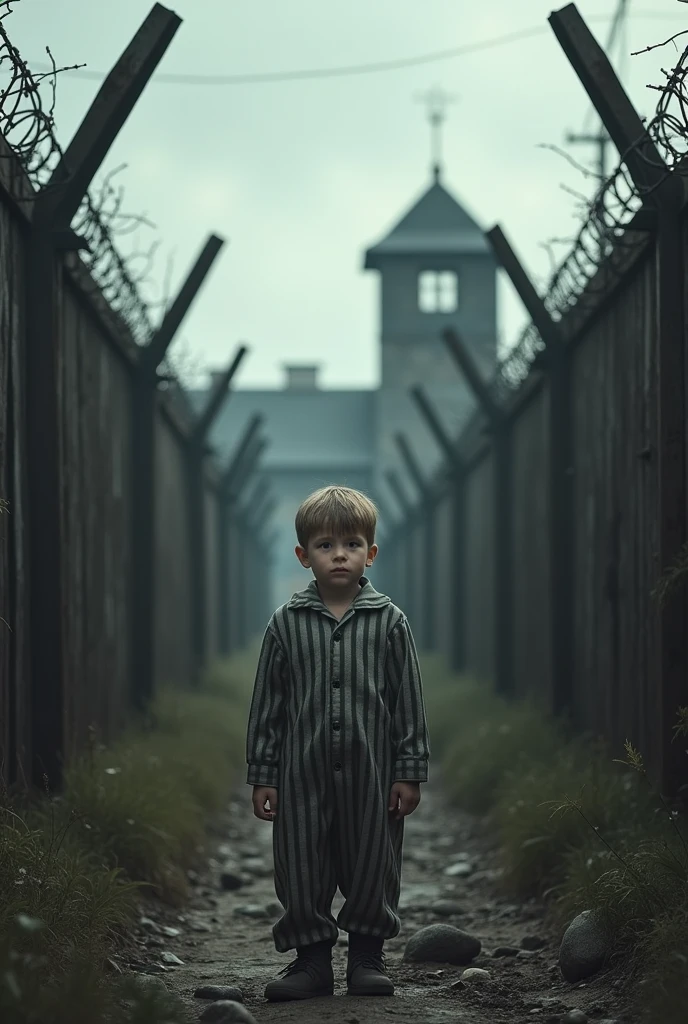 Make me a picture that deals with the problem of the boy in the striped pajamas