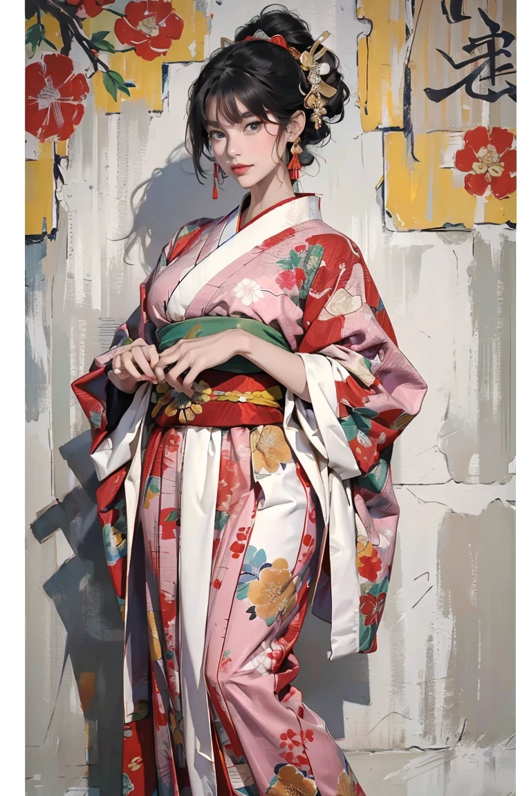 (Ultra-detailed, photorealistic, best quality,4k,8k,highres,masterpiece:1.3), (Vogue magazine cover), (Vogue Style Cover), Vogue style color paintings, 1 females, age 18, Japanese. With her tan skin and perfect body shape, she radiates an irresistible allure. Known for her super sexy appearance, her busty physique and long legs only enhance her appealing persona. Her body language is as captivating as her physical attributes, always exuding confidence and sensuality. (((She's wearing a fusion Kimono - Japanese traditional clothes with Uighur patterns))). ((intricate detail)), super finely detailed hands, ultra finely detailed fingers(((ten fingers))), (standing confidently), (full body showcase), (show full body), (no logos on background), (no logo).                                     