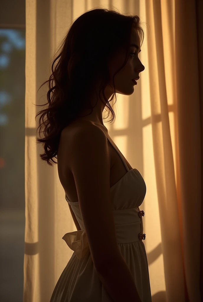 Photographie haute résolution d'une belle femme latine sexy aux cheveux bruns courts, bel éclairage, se livre à son fétiche, robe, bas courts avec porte-jarretelles, cuissardes silhouettes féminines stylisées, en ombre ou avec des lignes douces, qui évoquent la sensualité sans être explicites