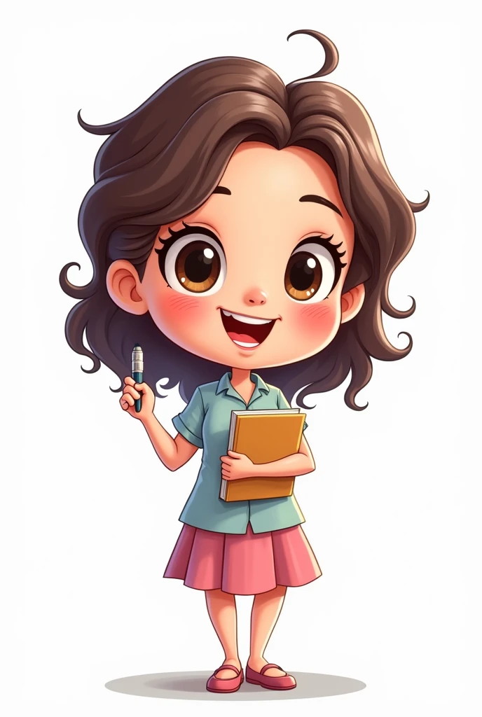 Create a pastel cartoon style chibi woman teacher, messy wavy hair, smiling holding a pen and a book. Make sure it's vibrant with white background. Ensure that all elements is center 