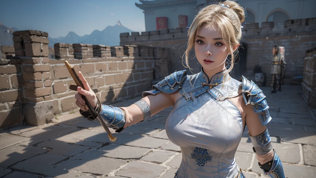 (((1 female))), ((16K)), Mature Woman, ((((Female warrior with nunchucks))))、(((Attractive Russian Model:1.0))),((Beautiful Russian Model))、(((China dress)))、(((Chinese National Costume)))、(((Toned body))),(((Big Breasts))),(((Big Breasts))), ((8k, Highest quality:1.2))、((masterpiece)), High resolution, (Skin Texture:1.1), Highest quality, 超High resolution, (Realistic: 1.4), RAW Photos,((Perfect Face))、Age 35, Toned body, Blonde,A well-trained body、 (White outfit)、((The background is the Great Wall.)),(((The background is the Great Wall.))), ((Female Warrior with a Sword)), masterpiece, ((Ultra HD)), Insane Details, Realistic, Detailed face, 詳細なSkin Texture, Blurred Background, (( Wearing a breastplate)), (((Big Breasts))), (Ancient fantasy soldiers),(Ancient soldier armor),Combat Accessories,vision, Perfect Face, Delicate eyes, Voluminous lips, Slit eyes、Big eyes, ((Image of China))、(((Armor with intricate patterns))、Looking into the camera、Looking into the camera、Metal shoulder pads、She is standing