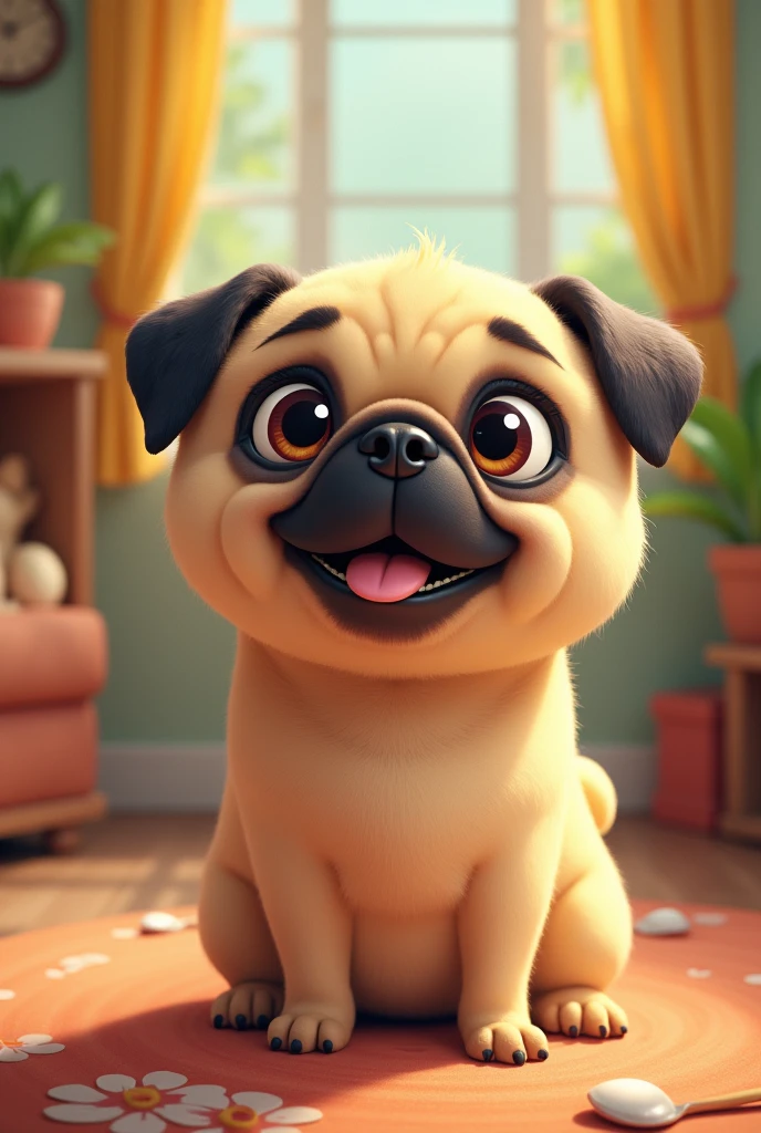 A pug is facing this way and smiling.