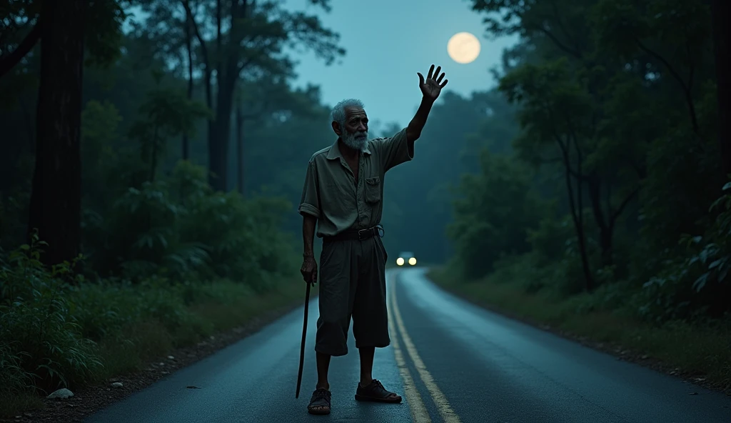 Old man on the road asking for lift at night in jungle side