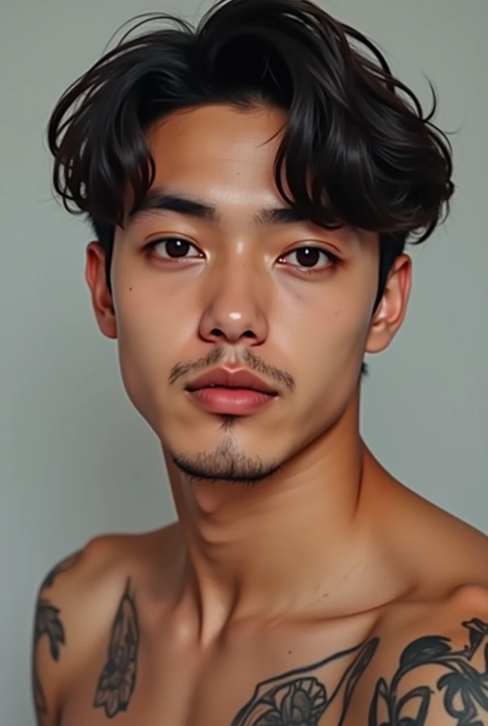18-year-old man with similar features to South Korean Jungkook. The man has tanned skin, chin-length hair and visible beard. He has a mole below his lower lip. He has tattoos on his right arm and back.. Your nose is relatively large, rounded. His eyes are black and round. The man is a handsome