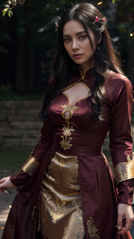 Anime. A woman, wearing a traditional Chinese red dress, long sleeves, flowing red silk. Long flowing black hair, stylish, surrounding background with winding vines, hand holding an iron chain, very beautiful. fantasy world. Cinematic light, ethereal light, intricate detail, ultra detail, incredible detail, full color, intricate detail, extremely detailed and intricate, super maxed, ultra detailed with rich colors. masterpiece, best quality, aerial view, HDR, UHD, unreal engine. plump looking at the lens, (sparkling jewelry) ((acrylic illustration, by artgerm, by kawacy, by John Singer Sargenti) Dark virtual background, sparkling jewelry, Representation, white skin, beautiful face, Rich in details High quality, gorgeous, captivating, 8k, super detailed, stunning lights and shadows, detailed decorations, detailed lines
