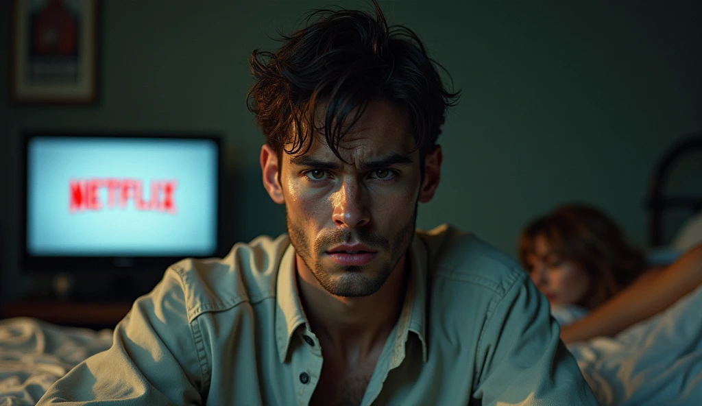 A shocking image of an exhausted young man, wrinkled, perspiring, is in desperation seeking success, looking straight ahead, expression frustrated by seeking success and not achieving it, in the background a television with the Netflix logo, bottle of whiskey around and a bed with a prostitute lying on it, symbolizing the distractions that prevent you from achieving success, realisitic,