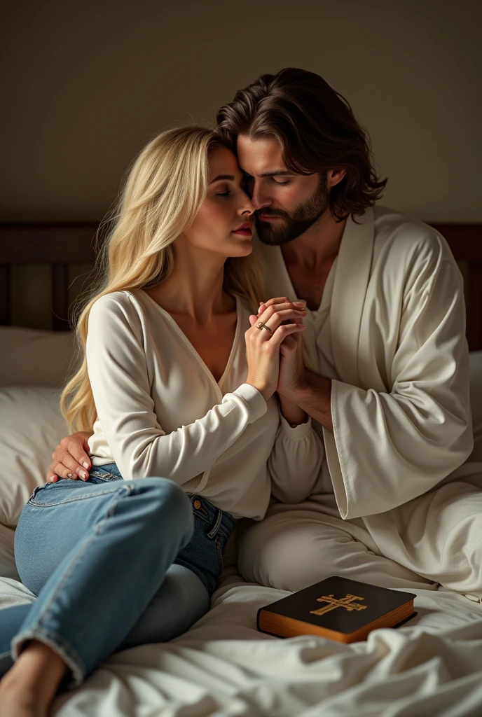 Blonde woman in jeans and a long-sleeved blouse sitting on the bed in the room next to her a man in a white robe brown hair Jesus and the Bible on the bed he holding her hand and praying Jesus 