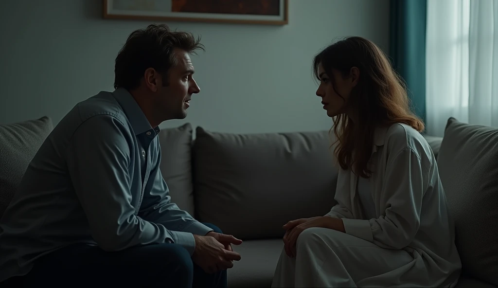 a woman and a man in the room, with a charged atmosphere. The man is sitting on a sofa, talking about your life, while the woman listens to him with an expression of intense concentration. The atmosphere is silent and tense.