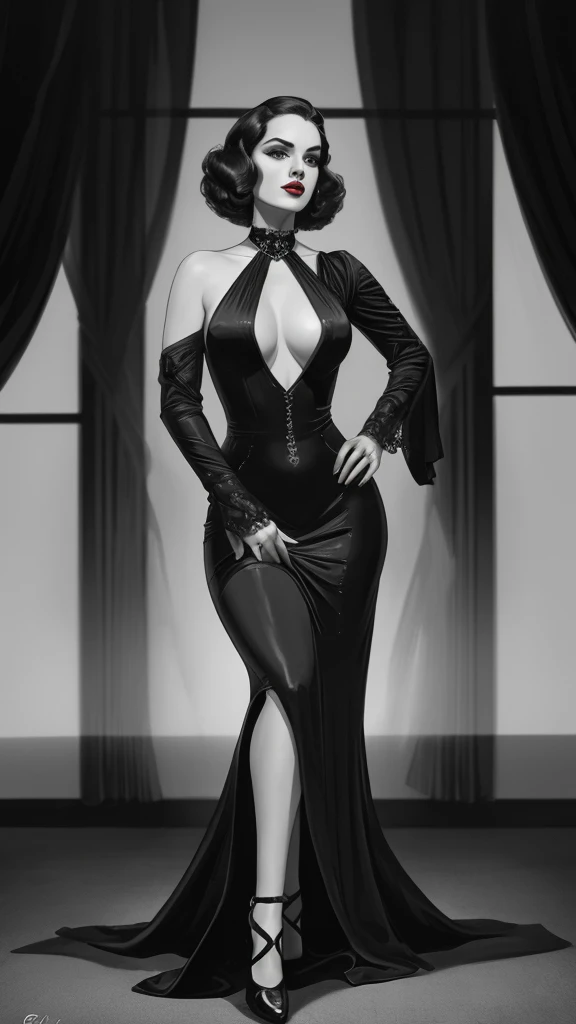 1920s femme fatale, elegantly dressed in a sleek, black, floor-length gown with a plunging neckline and intricate beading, short wavy bobbed hair with a finger wave, bold dark red lipstick, exuding danger and seduction, retro fashion photography, noir film lighting, cinematic composition, high contrast, soft-focus background, textured fabric detail, shadow play, carefully staged composition, low-angle-shot