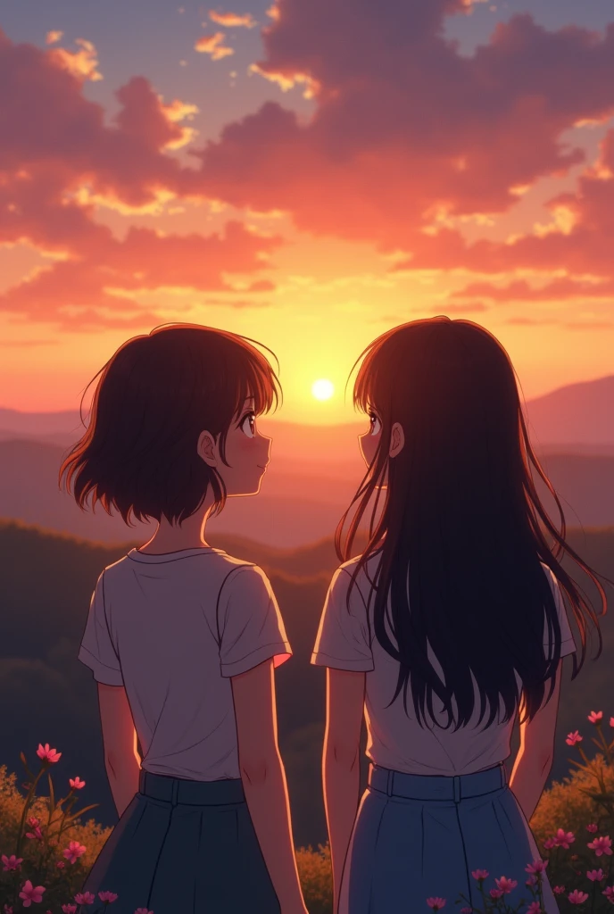 Create an image of two girls watching the sunset, one with short brown hair and the other with long black hair.