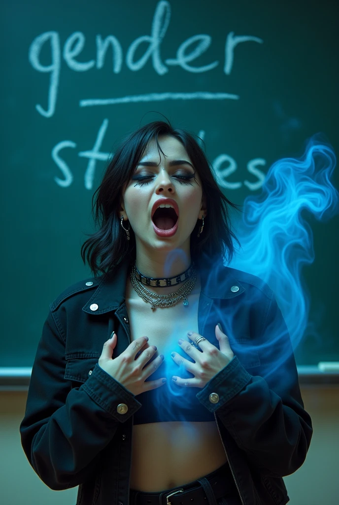 A sexy emo girl screaming in front of a classroom. A blackboard behind her says "Gender Studies" written in chalk. Holding her tits in her hands.  She os surrounded a blue magical aura