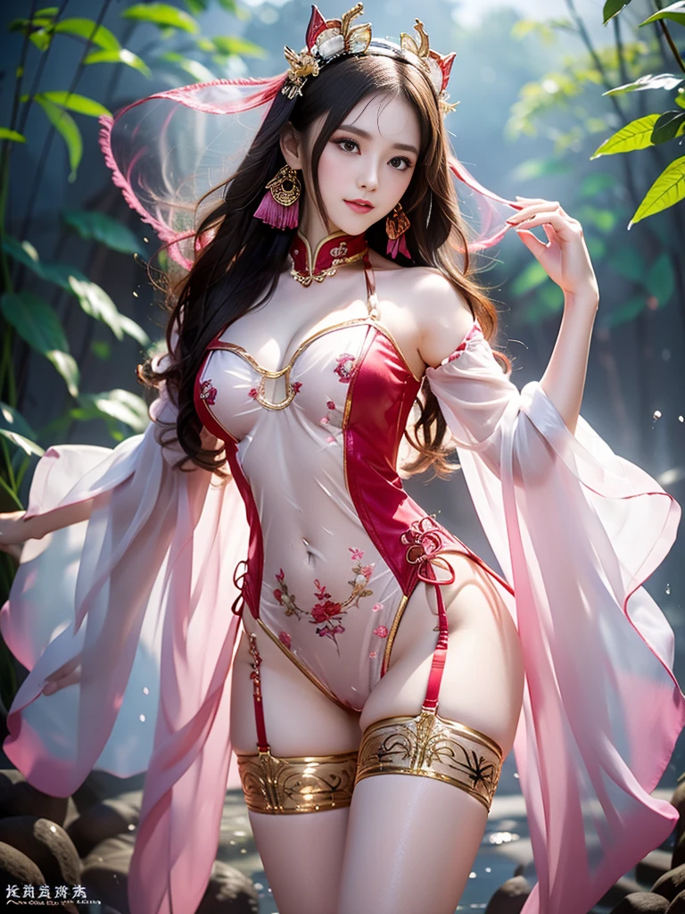 A female model, (Race:Chinese),((night, bamboo forest, moonlight, Thick fog)), (8K Ultra HD, 8K, Ultra-high resolution, best quality, masterpiece, Surrealism, Digital SLR Camera, Soft Light, Bokeh, Masterpieces), ((((Beautiful model-like face))), (Creating the image of a real girl), warm light, Realistic shadows, Dynamic poses, Elegant Posture, Cowboy lens, Full body front view, Be confident, Body facing the camera, Standing facing the camera, Open your legs slightly, Golden Ratio Graphics, Minimalism), (Happy smile, Big watery eyes, Cherry Blossom, Balanced Eyes, Perfect beautiful face, Normal facial features, Realistic skin, Attention to skin details, Skin is clean and radiant, Whitening, Anatomically correct body, 沙漏型figure, figure, cosmetic, Gloves, earrings, bracelet, necklace, Jewelry, veil, Hair accessories, Headdress, shawl), ((beautiful hair), Reddish-brown hair, Wavy curly hairstyle, Waist-length hair, Messy Hairstyle, Gradient hairstyles, Cyberpunk hairstyle), ((Transparent clothes：1.5), (Color of clothes: Pink orange background), Transparent Clothes, See-through clothes, Transparent Clothes, Tulle clothes, Mesh clothes, Transparent sci-fi clothes, Shiny micro bikini bra, (Clothes that accentuate your bust shape)), (Sexy的, Perfect breast shape, Teardrop chest shape, Snow-white breasts, very detailed breasts, 36C cups), (Super high waist, Deep V, Low-cut, Sexy, Flattering, Open crotch, (Camel toe, High fork strangulation)), (sock, Knee socks, 吊garter, Leg ring, garter, 腿部garter), (style:Sexy,Mature), (Wet body:1.0) , (Wet clothes:1.0) 
