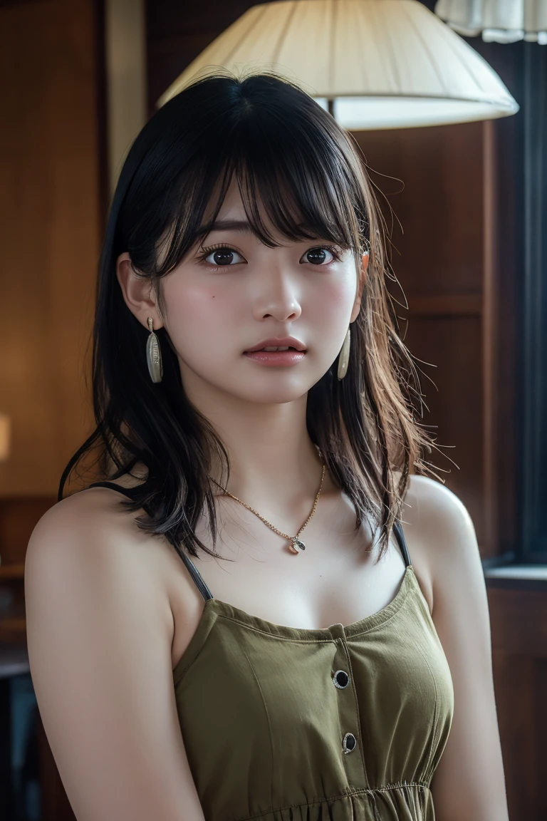(Highest quality:1.4),(masterpiece:1.4),(Realistic:1.4),(Realistic:1.2),(超High resolution, RAW Photos:1.4),(High resolution, Ultra-detailed:1.2),(8k:1.2),View your viewers,Cinematic photography,One person,skeletally correct,Black-haired woman,Woman in her early 20s,(Small earrings,necklace,Khaki cotton camisole dress),(Western-style building interior,Dimly lit room,The lamplight shines on my cheeks)